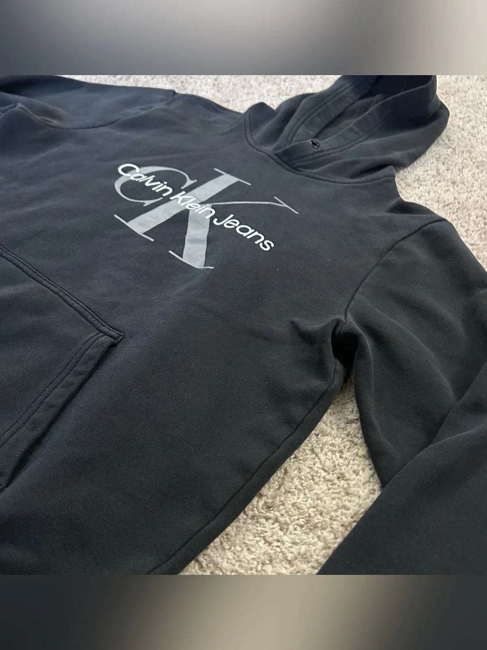Calvin Klein Jeans Black Graphic Logo Pullover Hoodie Pocket youth L